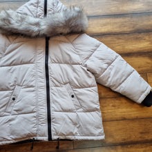 Load image into Gallery viewer, River Island soft grey padded puffer jacket with faux fur hood L
