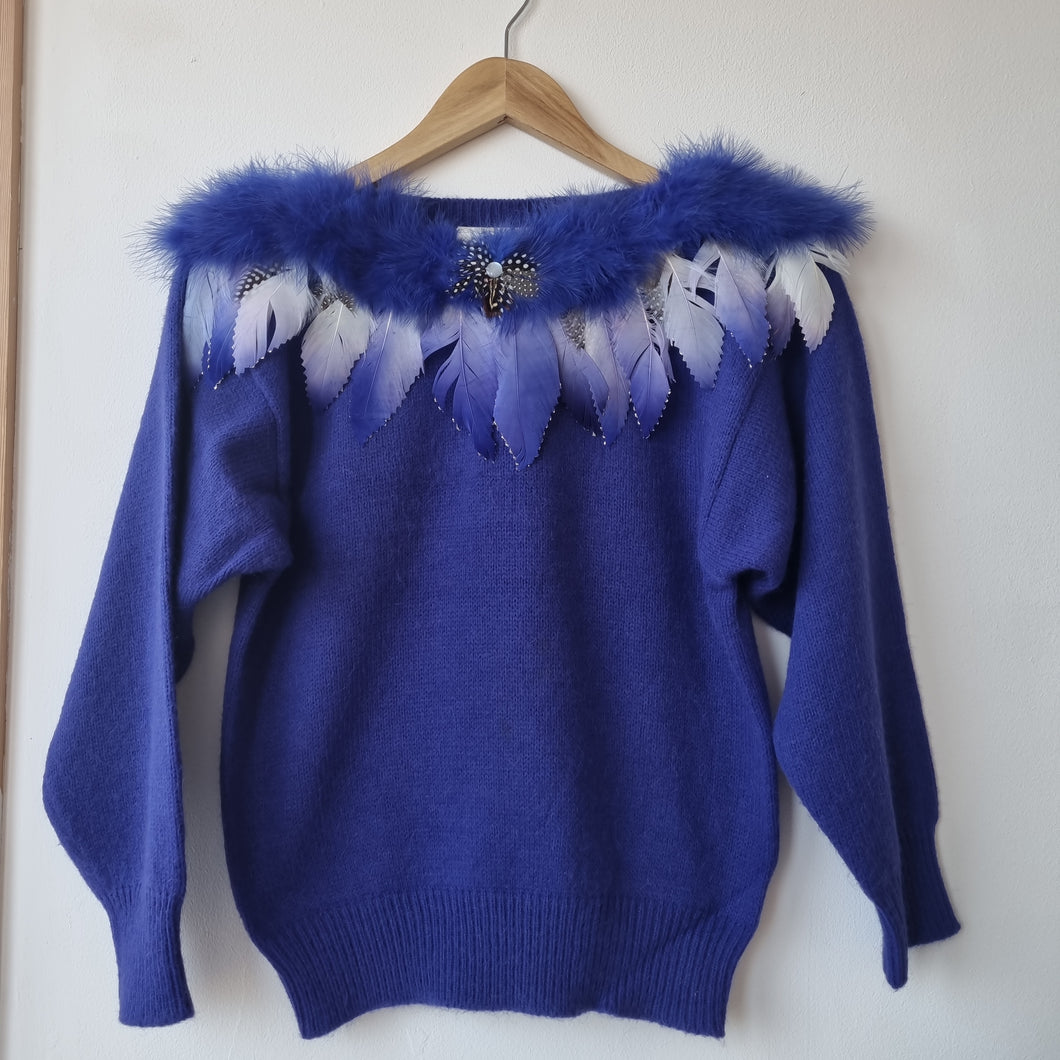 Vintage Feather & Marabou Style Cobalt Blue jumper 8-10