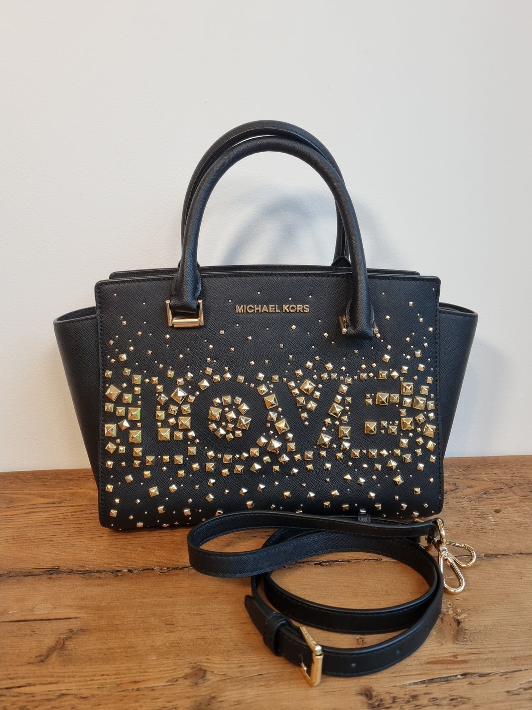 Michael Kors Selma Black and gold LOVE bag Rrp 320