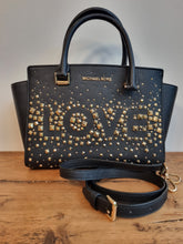 Load image into Gallery viewer, Michael Kors Selma Black and gold LOVE bag Rrp 320
