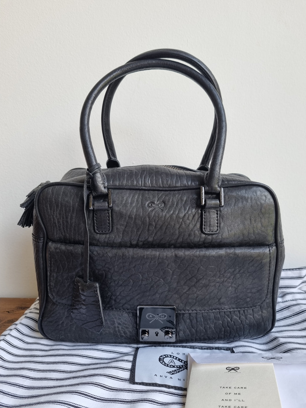 Anya Hindmarch Black Battered Leather Carker Bag