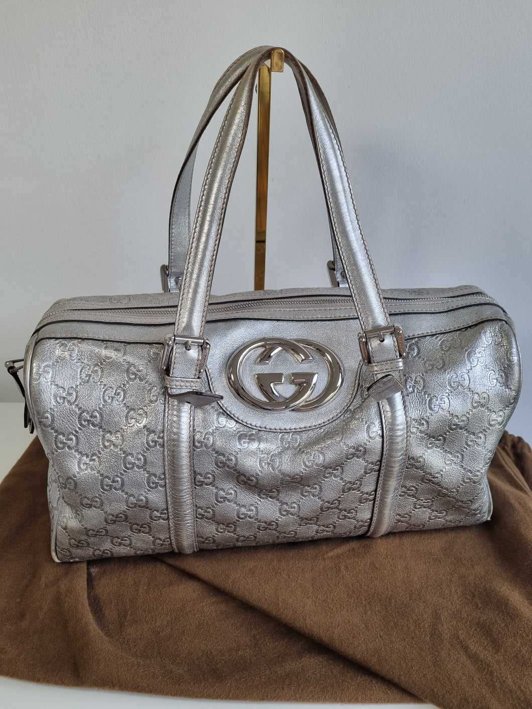 Authentic Gucci Silver Guccissima Leather Britt Boston Bag