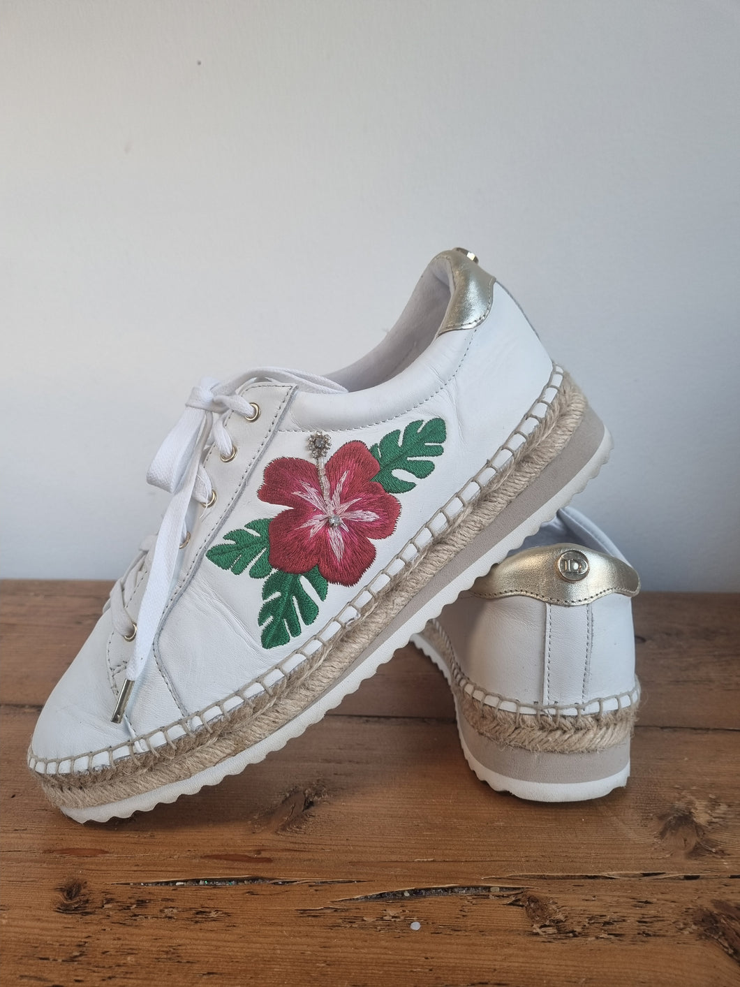 Dune White Leather & Raffia Embellished Ladies Trainers 6