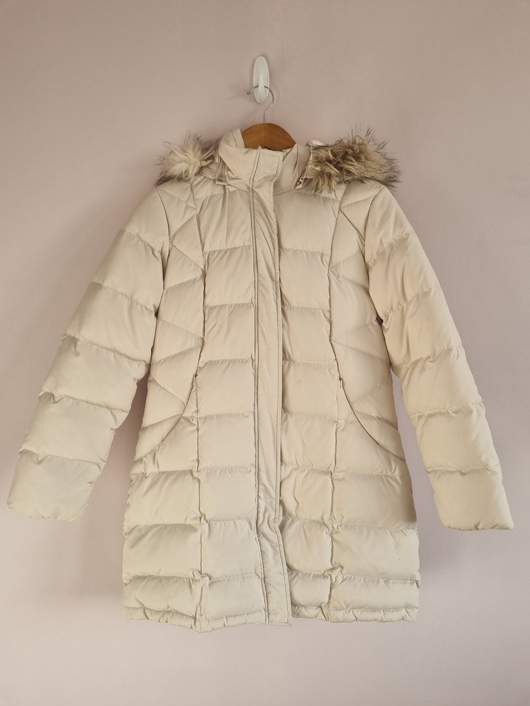 Per Una Cream Faux Fur Hood Down & Feather Long Puffer Ladies Jacket M