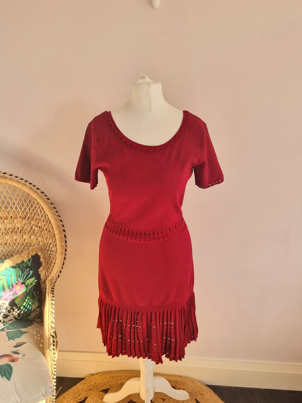 Sandro Paris Red Light Weight Knitted & Pleated Red Dress Size 2