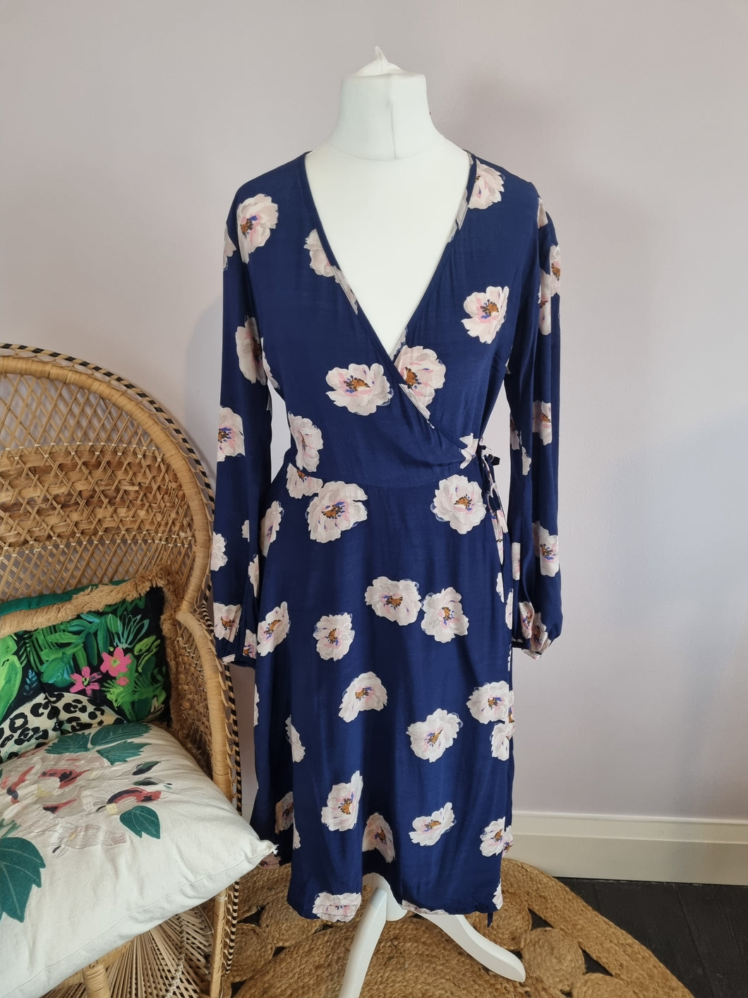 Cath Kidston Floral Navy Long Sleeved Wrap Dress 8