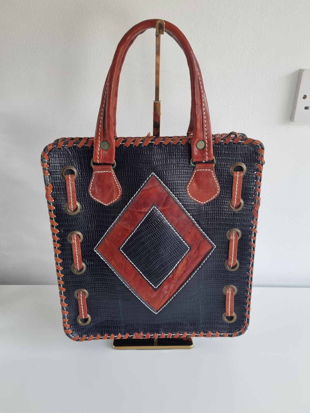 Rare Unique Vintage 70s Leather Woven Hippy Boho Bag